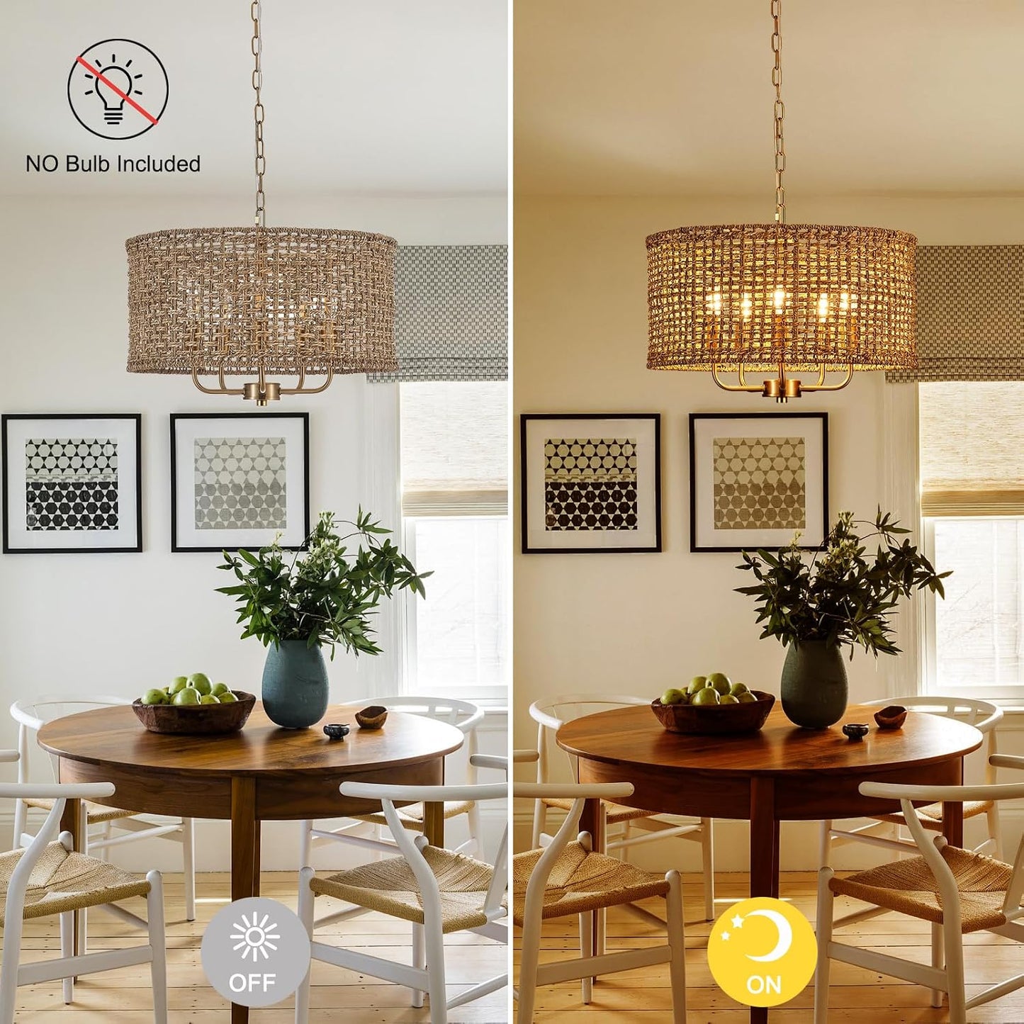19.7" Gold Rattan Chandelier, 5-Light Boho Wicker Light Fixture | Hand-Woven Rattan Pendant Light; Adjustable Chain; Farmhouse Basket Drum Chandeliers for Dining Room, Kitchen Island, Bedroom
