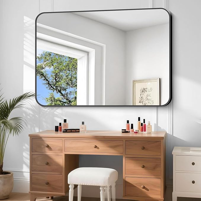 Large Bathroom Mirror, 60 x 40 inch Black Rectangle Mirror, Metal Framed - Image 2