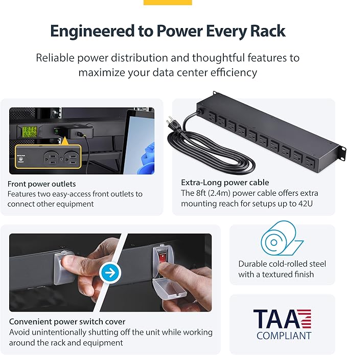 StarTech.com 12-Outlet Horizontal Rack Mount Metered PDU, 1U Server Power Strip - Image 5