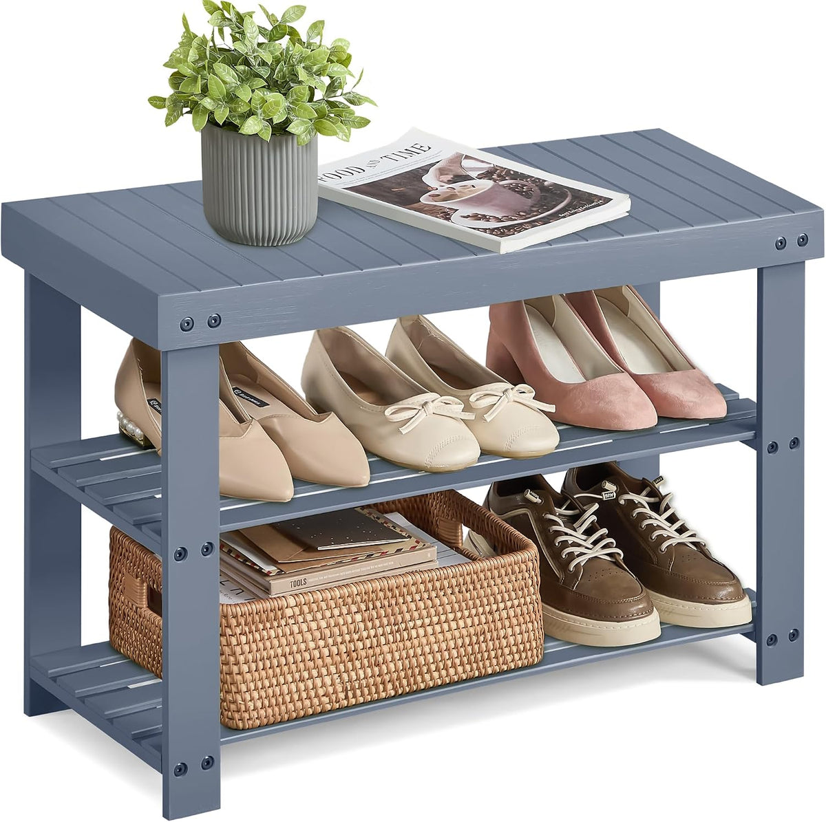 songmics shoe rack bench, 3-tier bamboo entryway bench, main product view