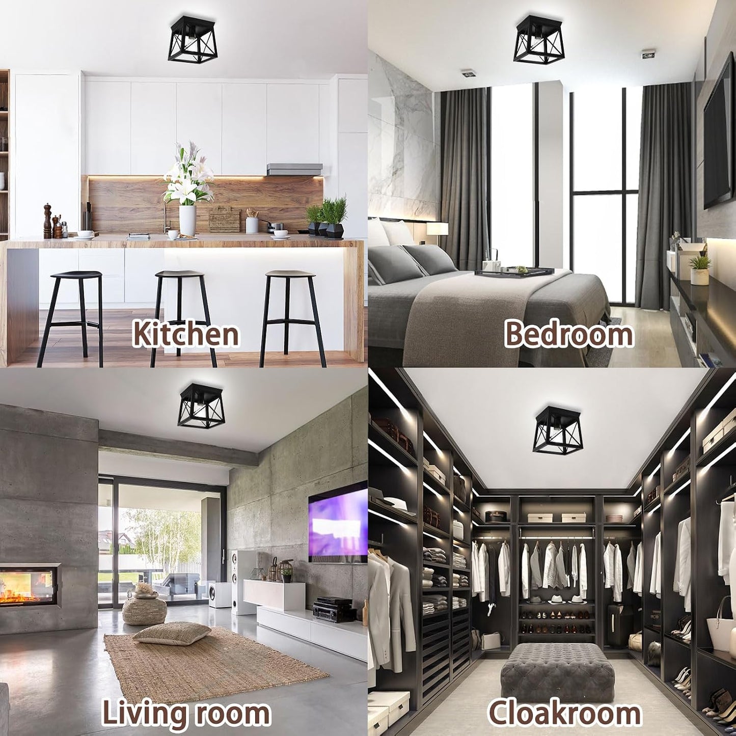 1 Light Black Industrial Flush Mount Ceiling Light Fixture - Square Farmhouse Caged Ceiling Light for Closet Kitchen Hallway Porch, E26, Dimmable
