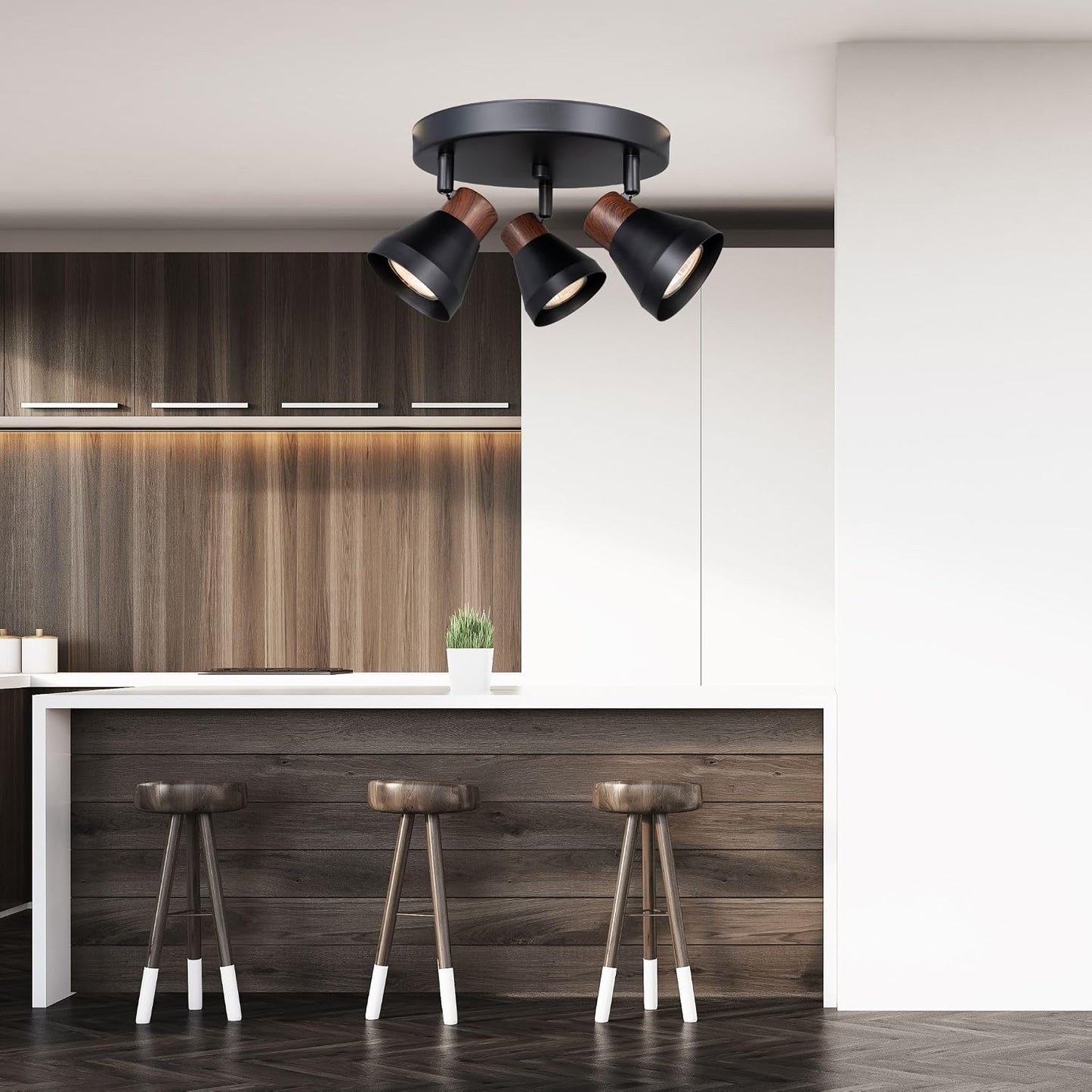 3-Light Modern Track Lighting Kit Black Faux Wood Accent,Adjustable GU10 Flush Mount Ceiling Fixture Pivot Multi-Directional Round Spotlight for Kitchen Bedroom Living Room Home Improvement