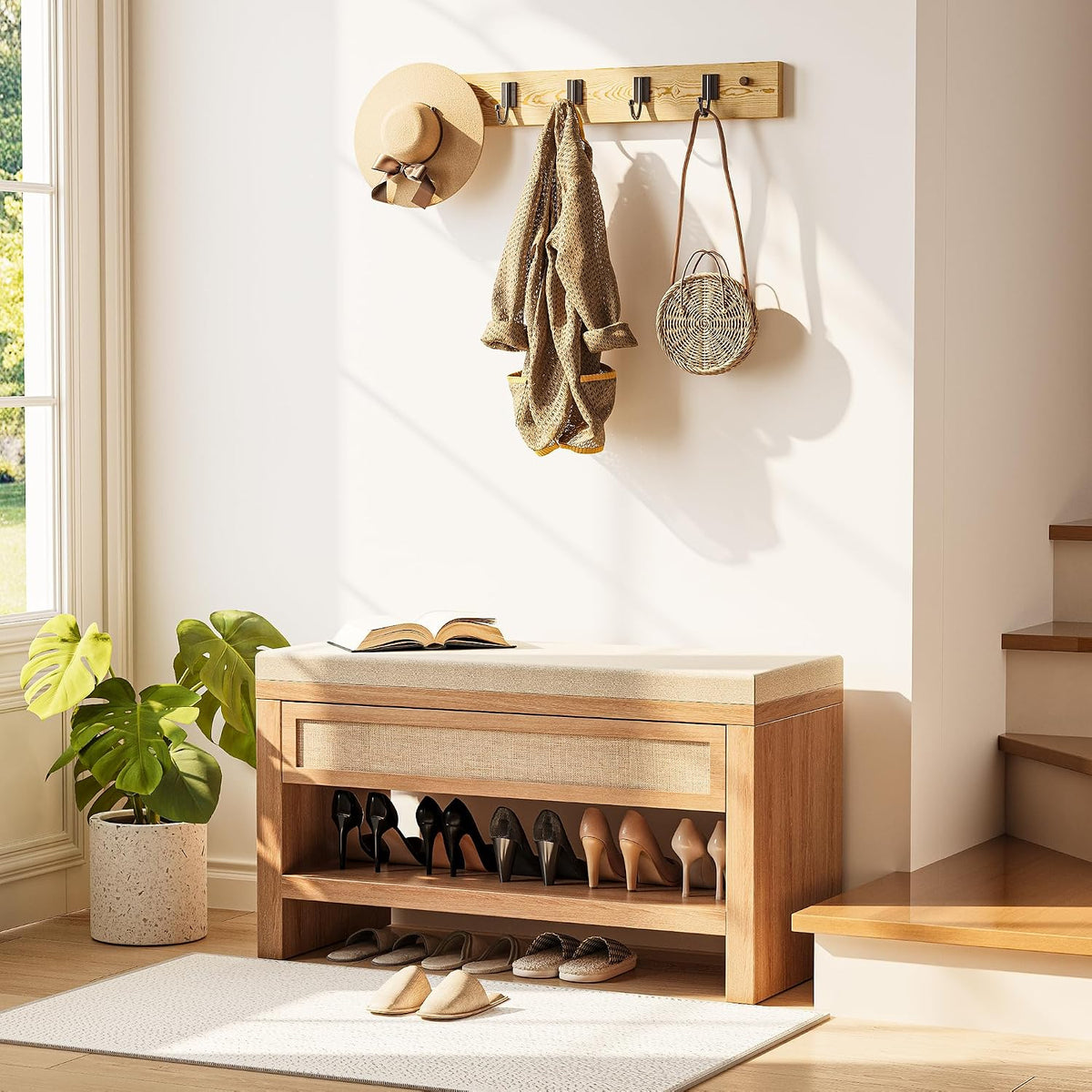 32” shoe bench with storage drawer, farmhouse entryway, close-up detail