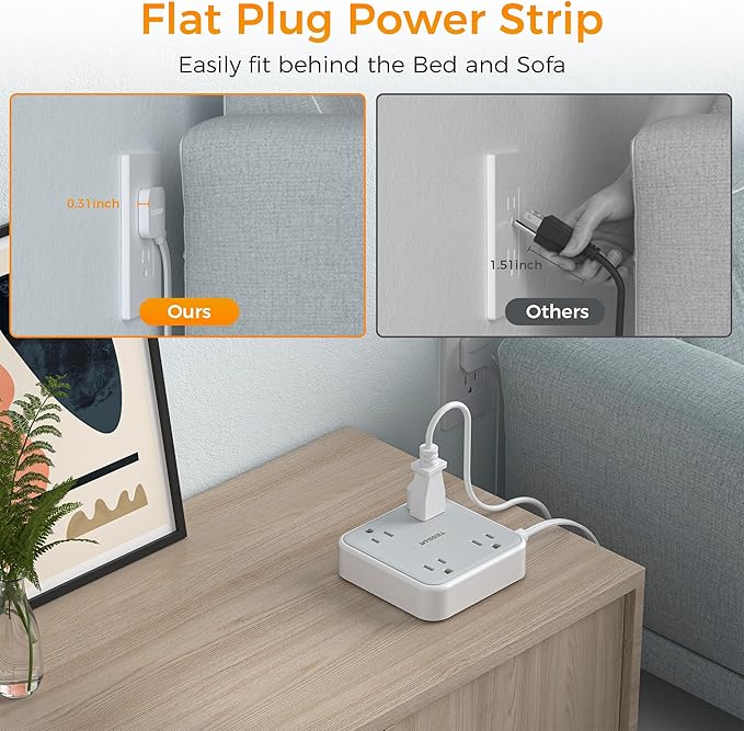 10 FT Surge Protector Power Strip, TESSAN Extension Cord Flat Plug - Image 4