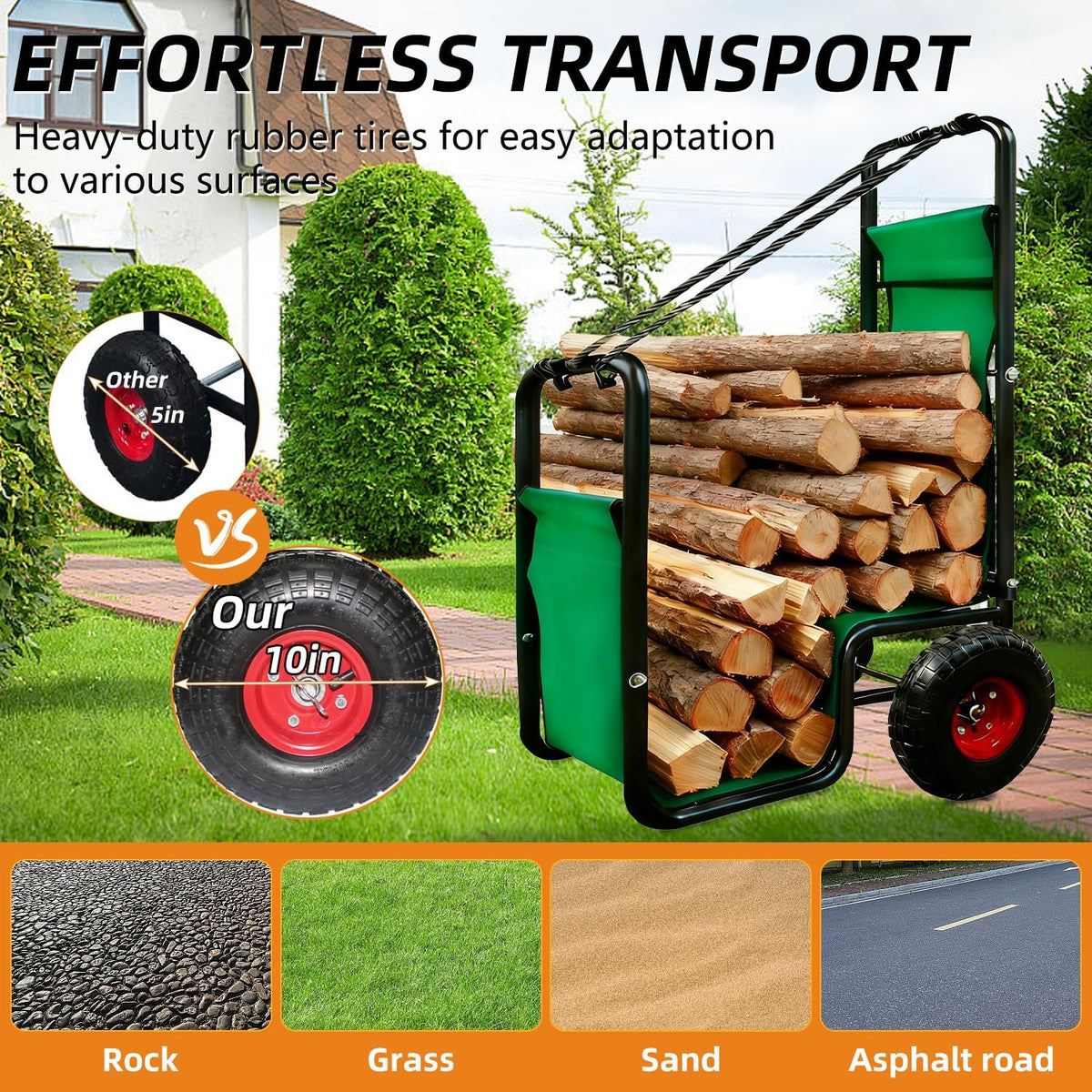 kapler firewood cart with wheels - heavy duty, side view