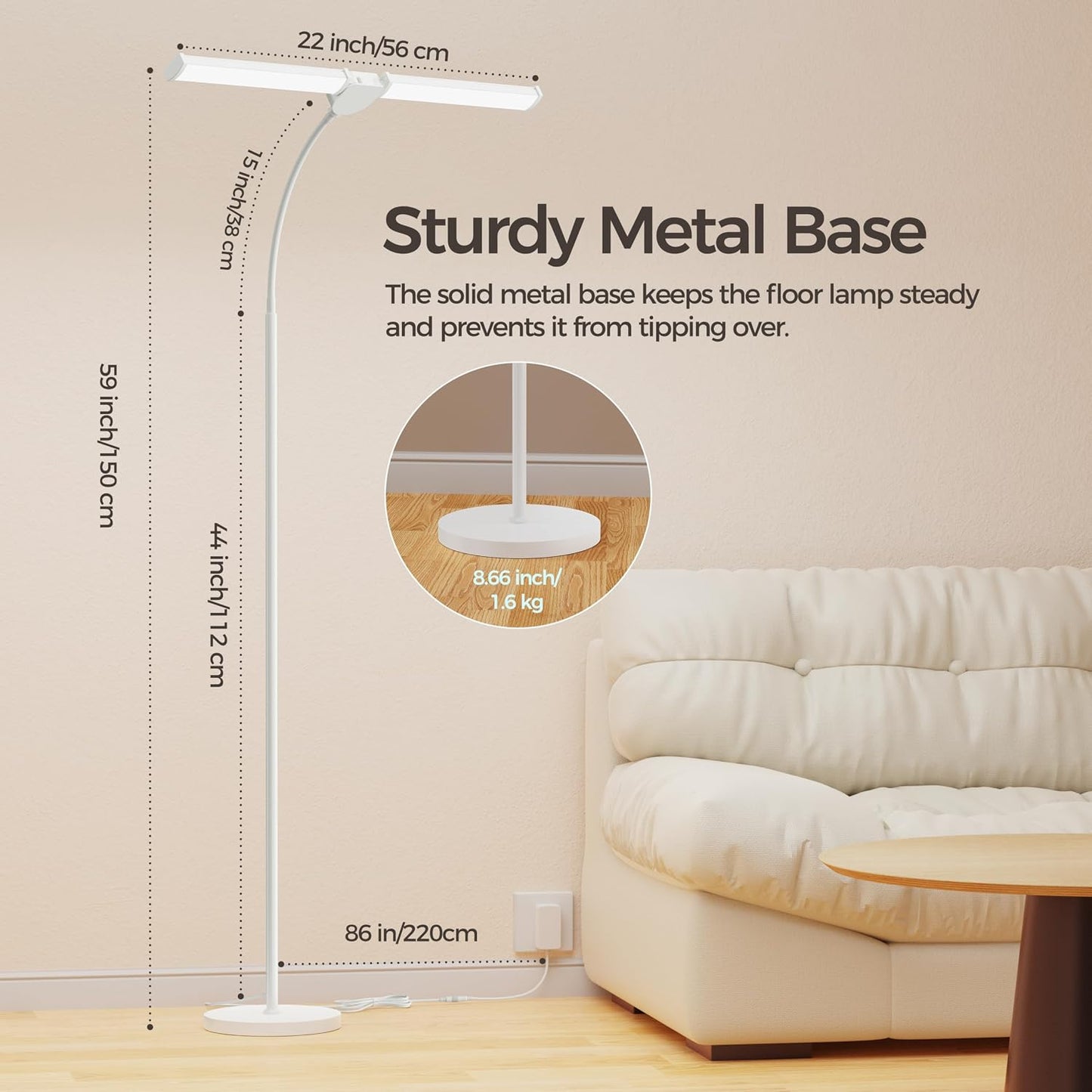 LED Floor Lamp for Living Room, Bright Reading Lamps for Office | 5 Adjustable Colors Temperatures&Brightness, Dual Head Goose Neck Standing Lamp, Remote Control, Eye-Caring Tall Lamp, White