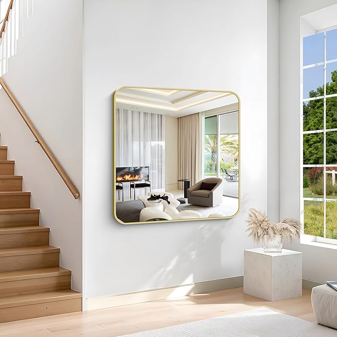 Gold Bathroom Mirror, 42x42 Inch Metal Framed Square Mirror, Rounded Corner - Image 6