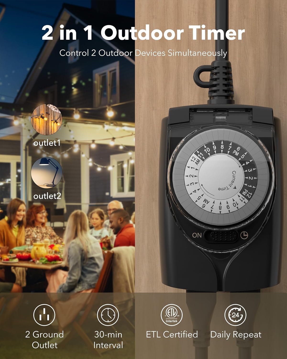 HBN Outdoor Timer Outlet Waterproof, 24 Hour Mechanical Light Timers for Electrical Outlets Outdoor Weatherproof, 2 Grounded Outlets for Christmas Lights, Holiday Decorations, 15A 1/2HP