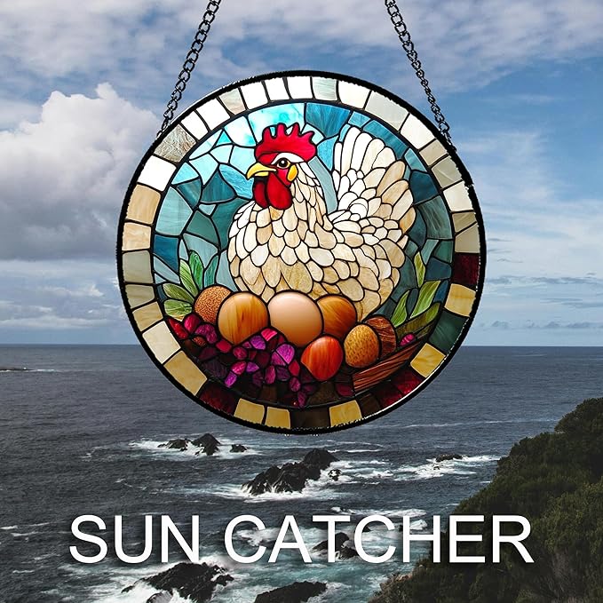 DASTOLL Stained Glass Window Hanging White Chicken Hatching Eggs Large 15" - Image 3