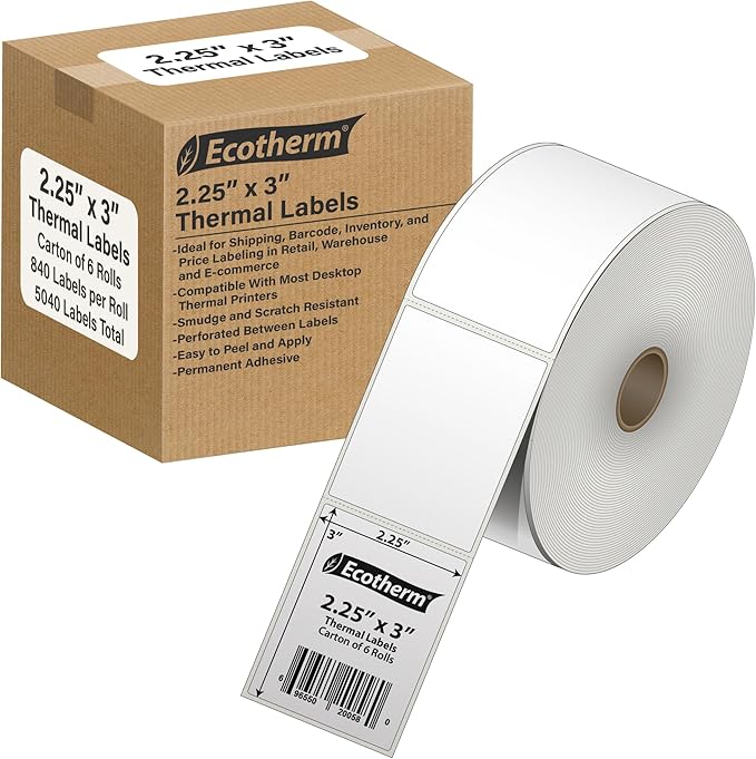 2.25" x 3" Thermal Labels | 6 Rolls | 5040 Labels | fits Zebra, Offnova Thermal by EcothermProducts