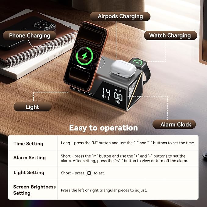 4URPC 6-in-1 Alarm Clock Wireless Charging Station - Image 9
