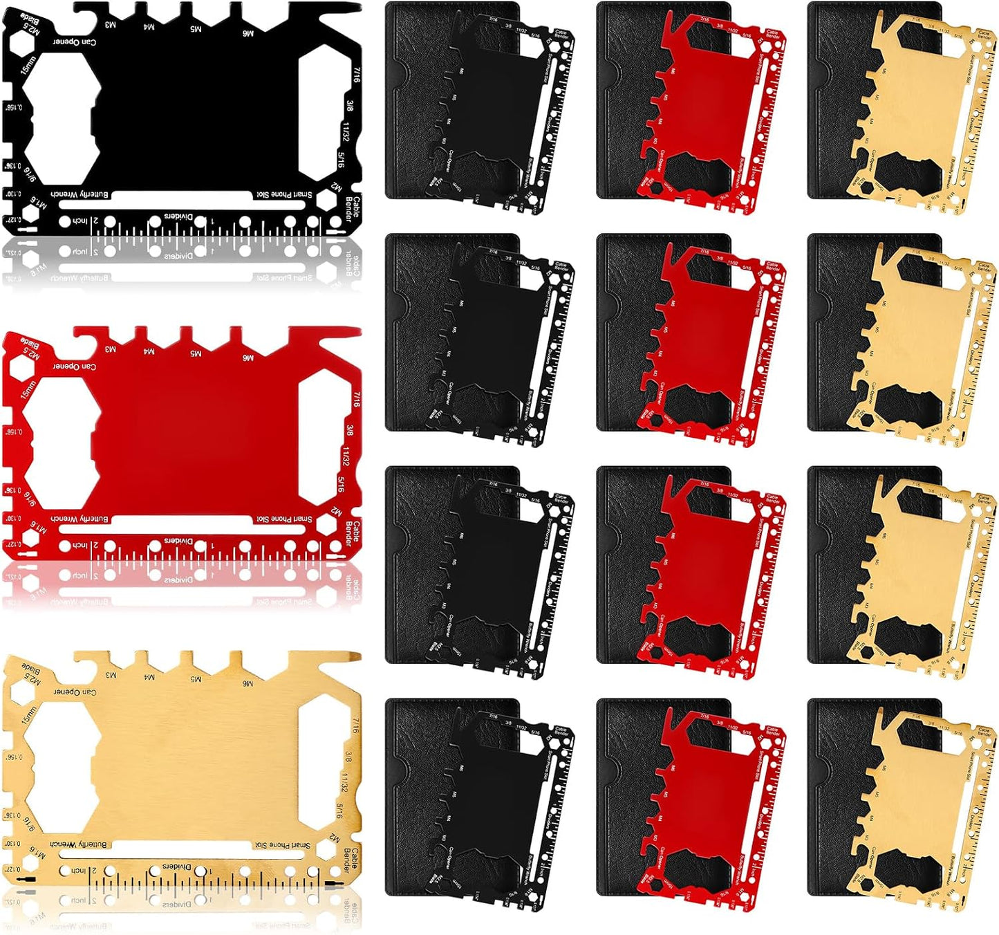 Cholemy 12 Pcs Credit Card Wallet Multitool,Black, Red, Gold,Classic Style | 46 in 1,Metal Stainless Steel,Survival Pocket Tool,Bottle Opener,Multipurpose for Husband Dad Men Christmas Birthday Gift