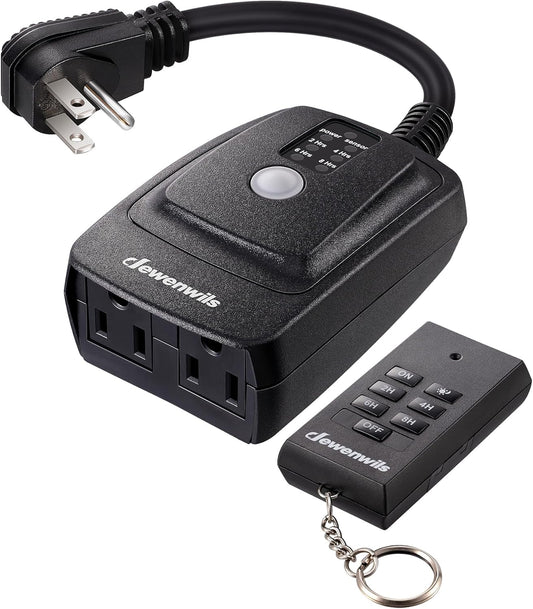 DEWENWILS Outdoor Timer for Lights,100FT Remote Control with 2 Outlets | 2/4/6/8H Countdown, 125V 15A 1/2HP, Outdoor Timer Outlet Waterproof for String Lights, Pump, Sprinkler, Fountain, UL Listed