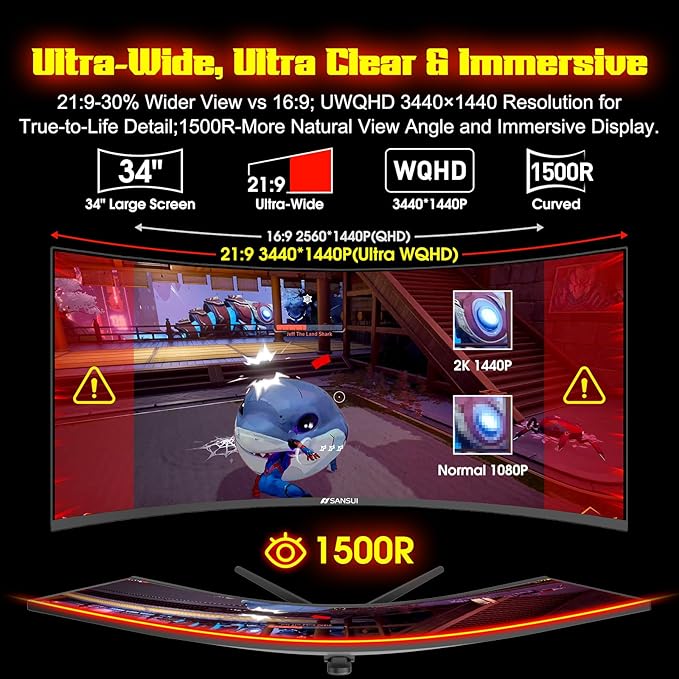 SANSUI 34 Inch 240Hz Ultrawide Curved Gaming Monitor UWQHD 3440×1440, 21:9 2K - Image 3