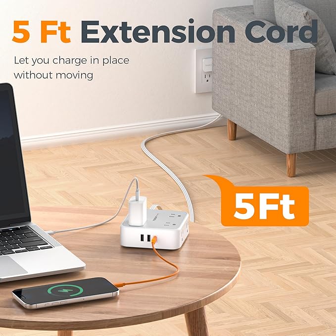 Surge Protector Power Strip, TESSAN 5 Ft Flat Plug Extension Cord - Image 5