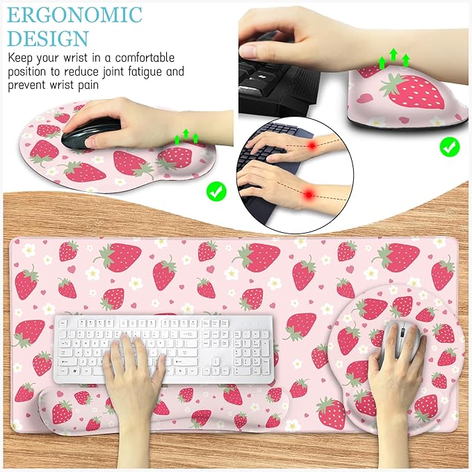 LIMKRIAN Strawberry Mouse Pad Desk Mat Set, Large Gaming Mousepad Wrist Support - Image 4