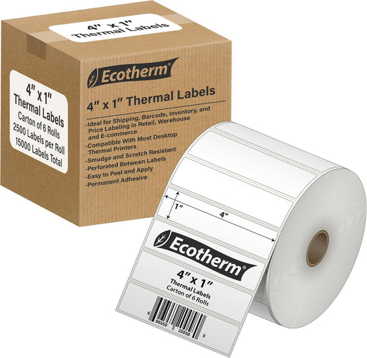 4" x 1" Thermal Labels | 6 Rolls | 15000 Labels | fits Zebra, Offnova Thermal