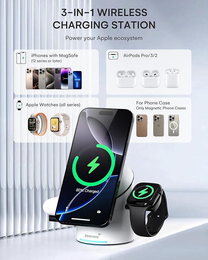 ZEEHOO 3 in 1 Charging Station for Apple Devices, Mag-Safe Charger Stand - Image 4