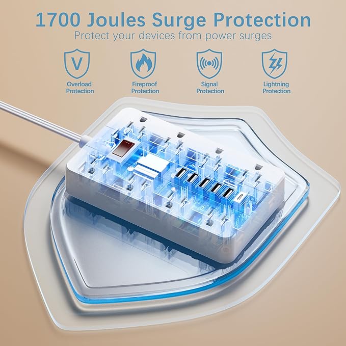 10 Ft Long Extension Cord, Power Strip Surge Protector HUNIAN Flat Plug - Image 6