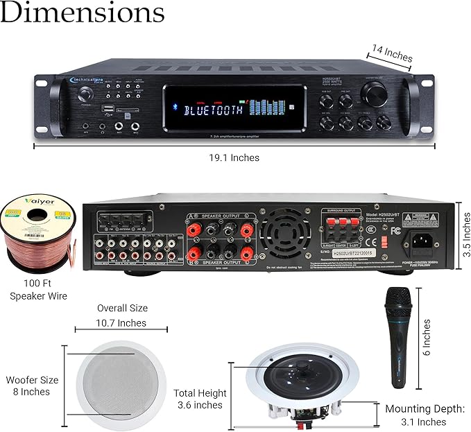 Home Stereo System Kit – 7.2 Channel 2500 W Bluetooth Amplifier w/ 4 Qty of 8” - Image 2