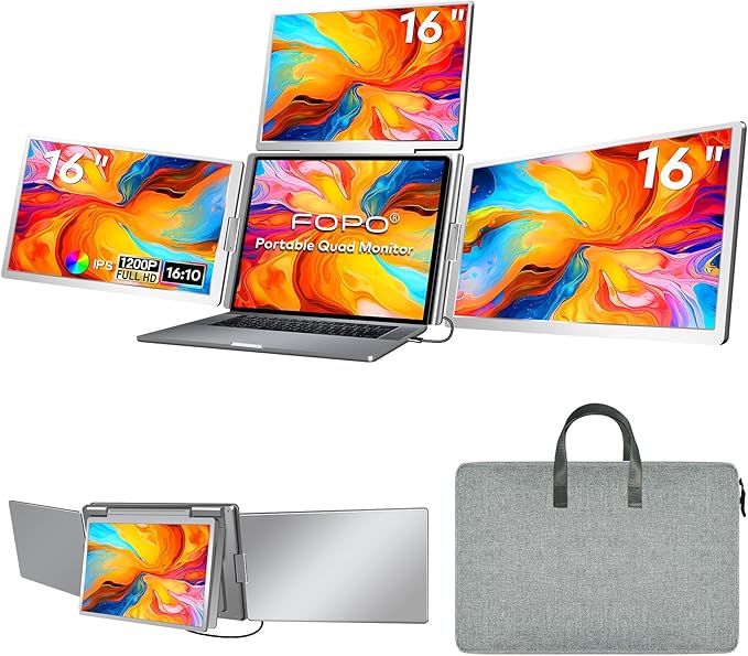 FOPO 16" Laptop Screen Extender Monitor Portable, Quad Monitor, Just 1 Cable by FOPO