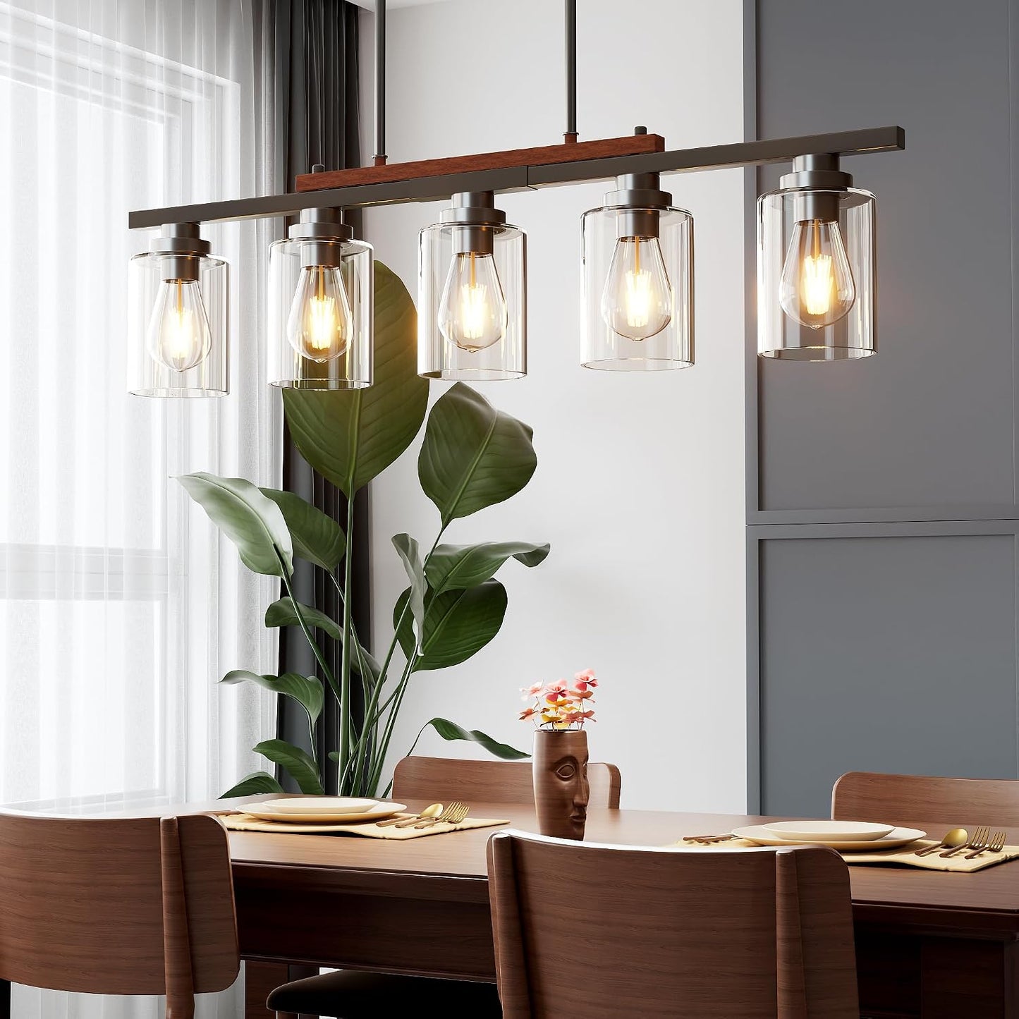 5-Light Dining Room Light Fixture 33.4" Kitchen Island Lighting | Linear Chandelier, Clear Glass Shades, Adjustable Height,for Kitchen Island, Dining Room