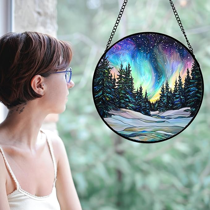 DASTOLL Stained Glass Window Hanging, Aurora Landscape Sun Catchers Glass Panel - Image 4
