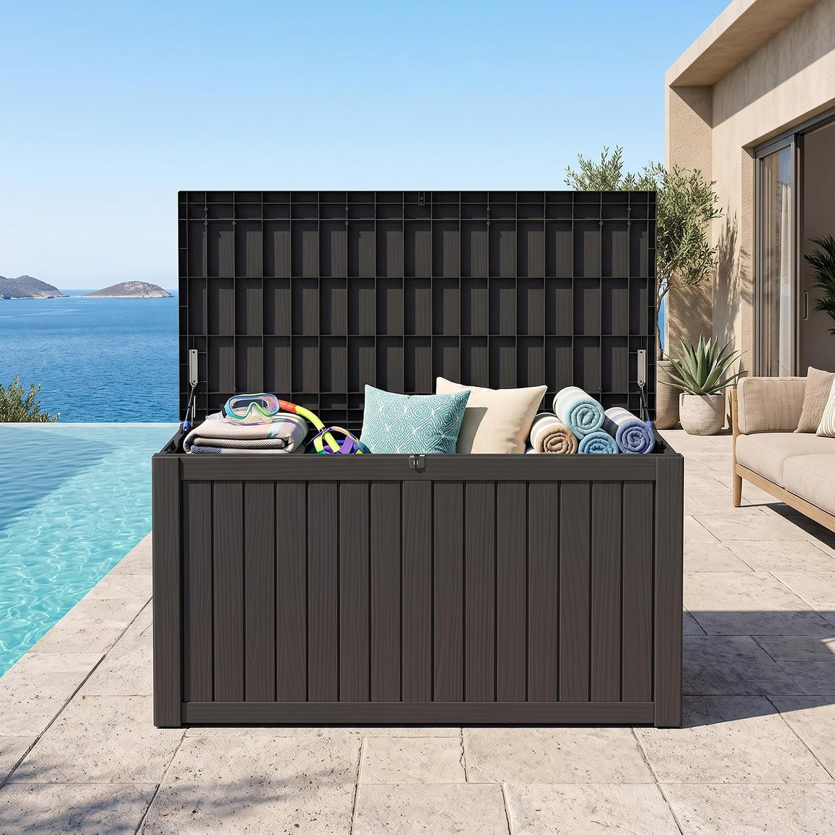 outdoor storage box, 180 gallon waterproof deck box, main product view