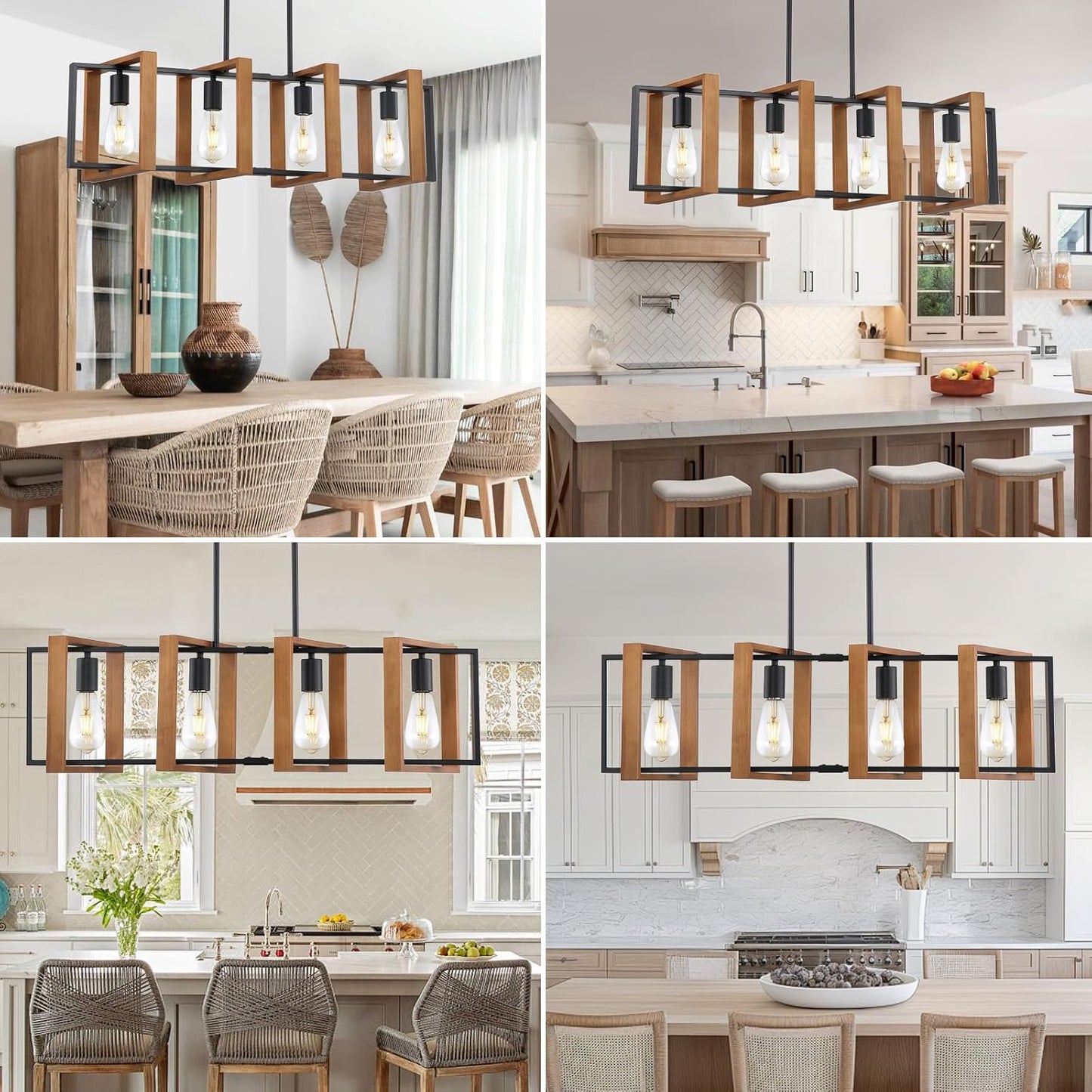 35.4" Kitchen Island Lighting,4 - Light Dining Room Farmhouse Chandelier,Black Modern Pendant Lighting,Pool Table Lights,Wood and Matte Black Metal Finish
