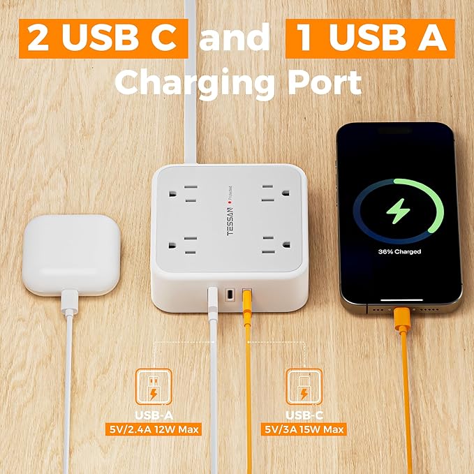 Surge Protector Power Strip, TESSAN Flat Plug Extension Cord - Image 4