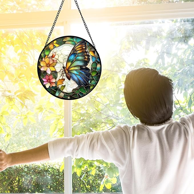 DASTOLL Stained Glass Window Hanging, Butterfly Flower Sun Catchers Diamond - Image 3
