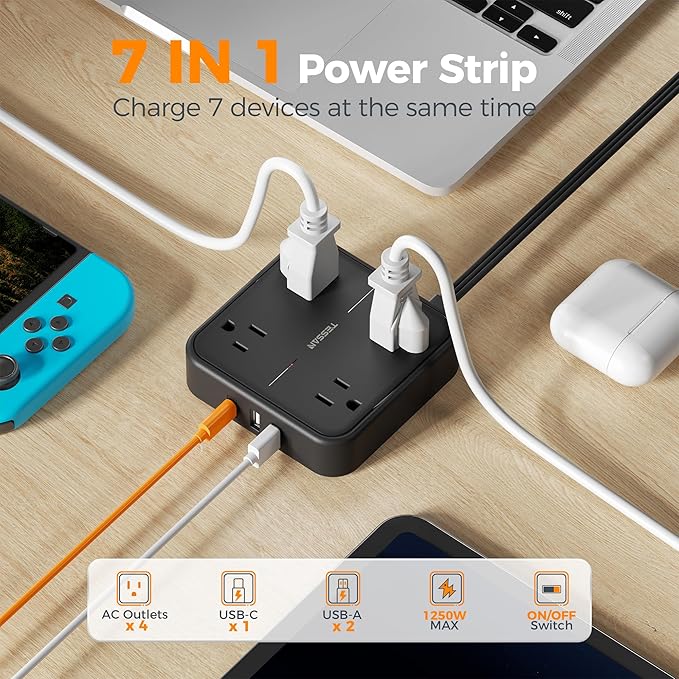 Surge Protector Flat Extension Cord 10FT, TESSAN Flat Plug Power Strip - Image 4