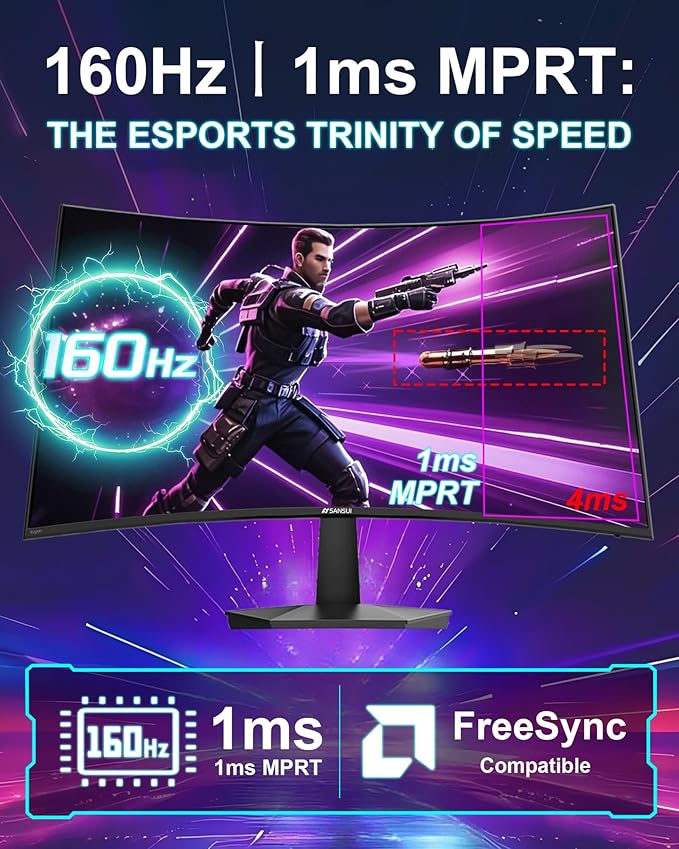 SANSUI 27 Inch Curved 160Hz Gaming Monitor, 1500R Curved Computer Gaming - Image 3
