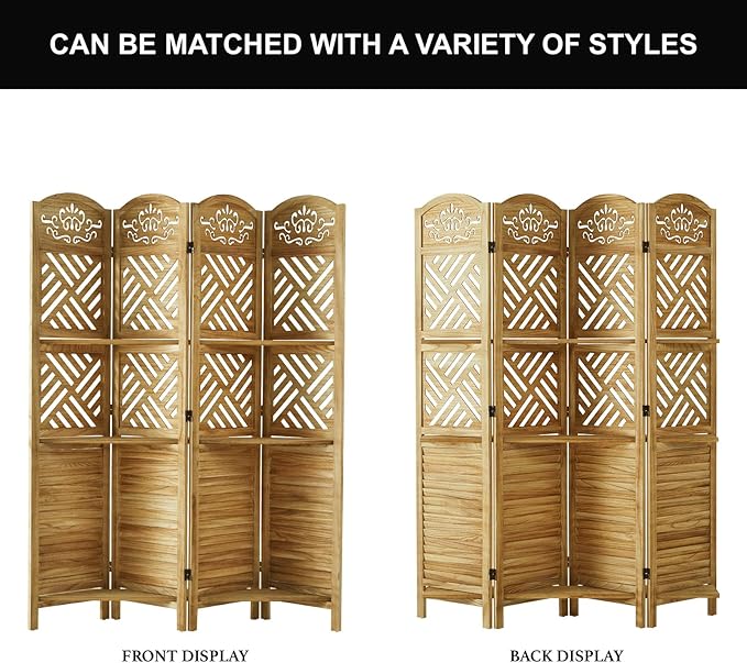 Svimi Room Divider with Shelves, 68.9inch Wood Carved and Louvered Wall Divider - Image 6