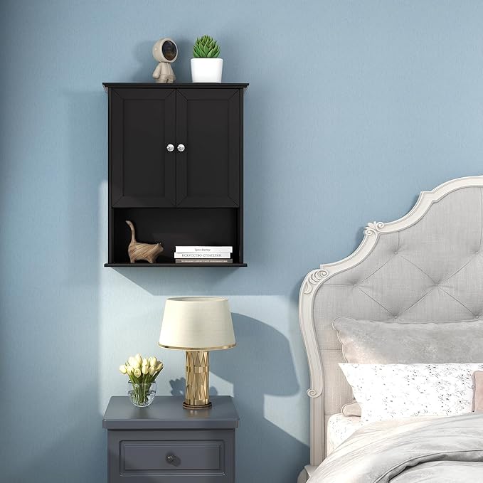 Black Wall Cabinet 24x30 Inch Wooden Over The Toilet Storage Cabinets - Image 3