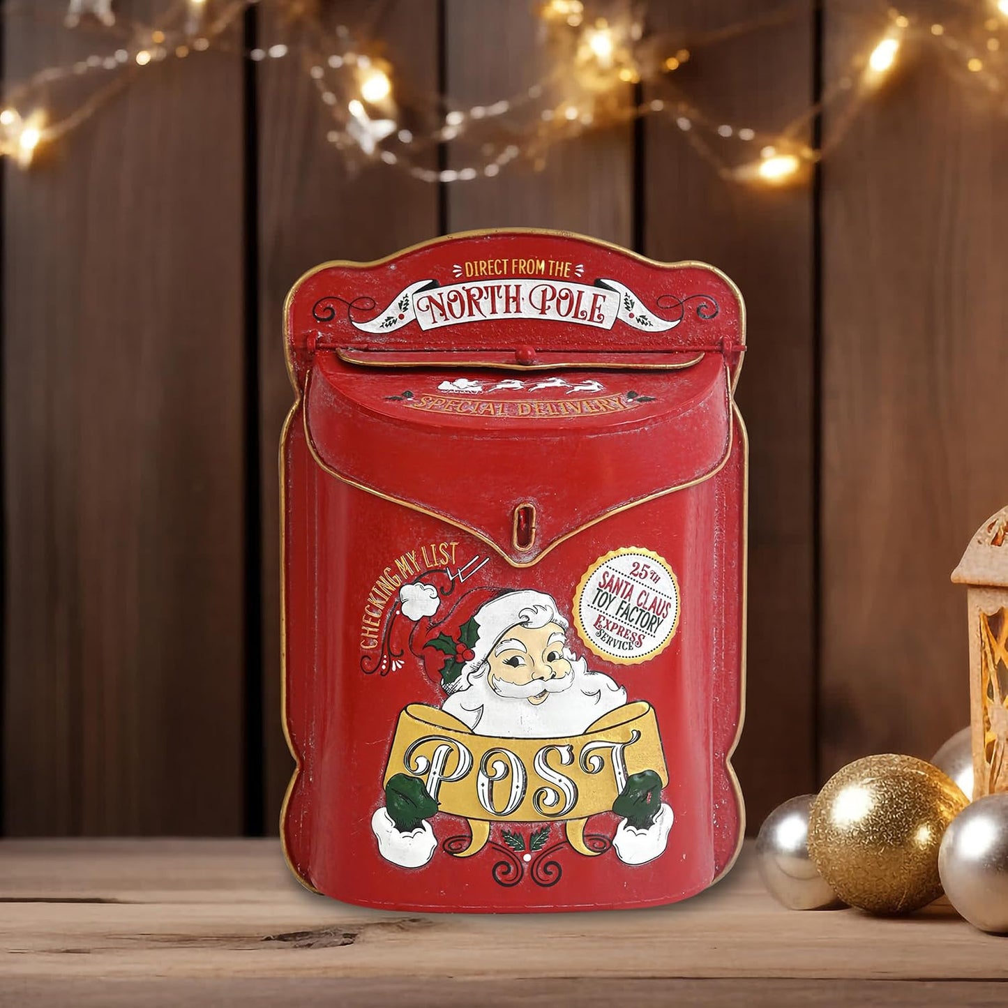 Xmas Letters to Santa Mailbox Wall Mount Christmas Mail Boxes for House Outside Metal North Pole Post Box Vintage Red Christmas Home Decor