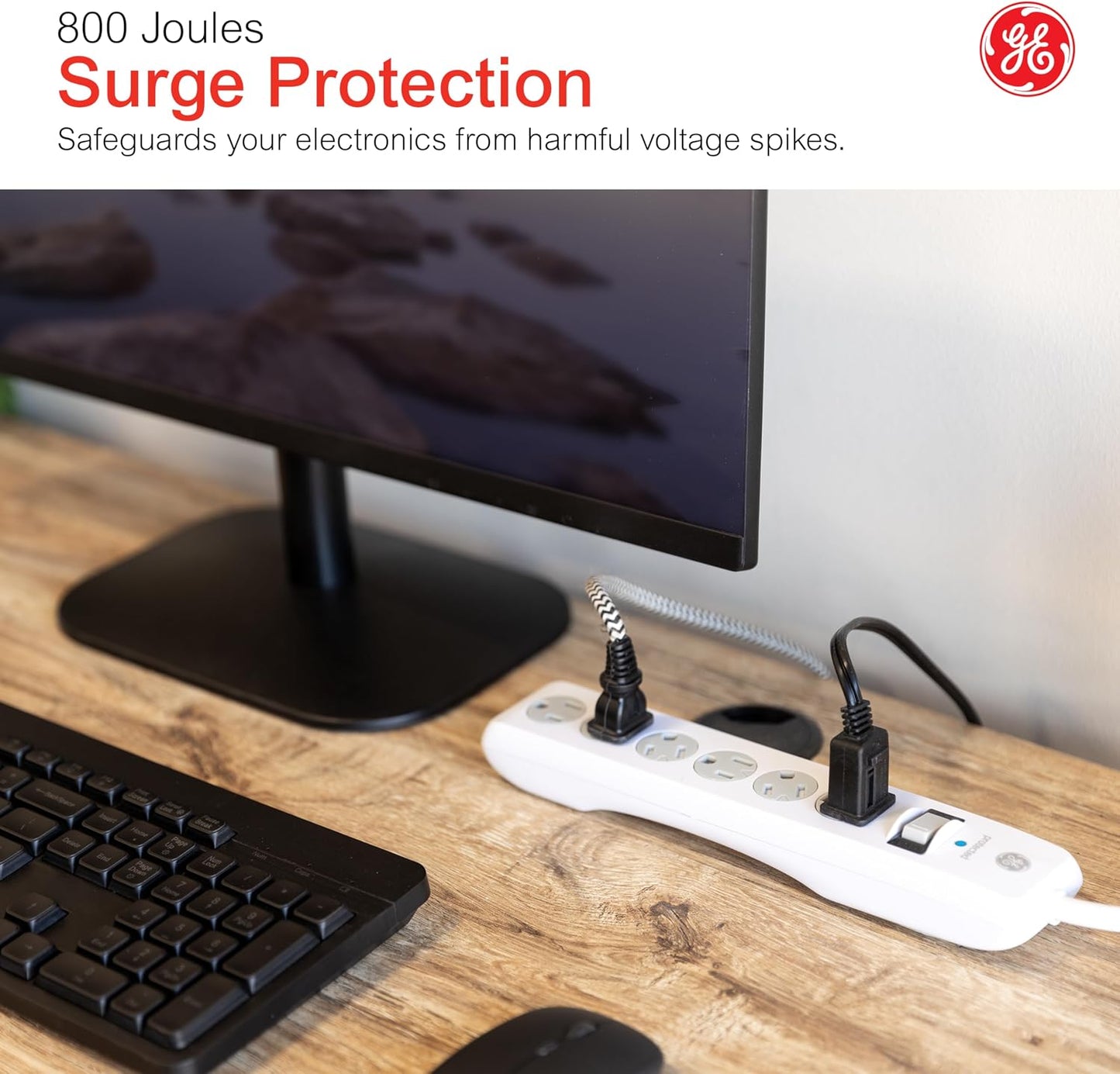 GE Surge Protector Power Strip, 15 Ft Extension Cord, 6 Outlet Extender | 800 Joules, Flat Plug, Twist-to-Close Safety Covers, ETL Listed, White, 50768