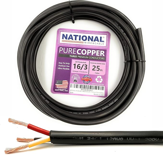 NATIONAL Wire & Cable – 16 AWG 3-Conductor Premium Copper Wire, 25 ft, Stranded by NATIONALWireCable