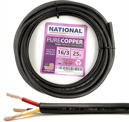 NATIONAL Wire & Cable – 16 AWG 3-Conductor Premium Copper Wire, 25 ft, Stranded by NATIONALWireCable