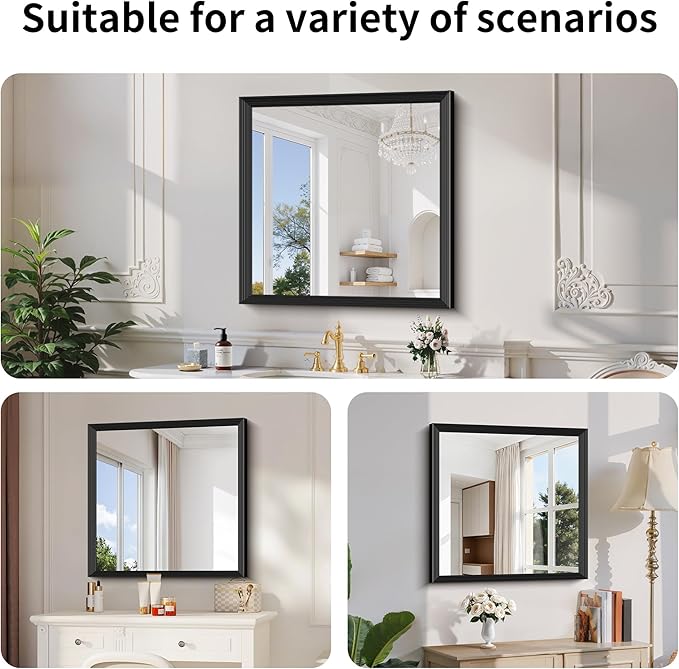 Black Bathroom Mirror 30 x 30 Inch Rectangle Wave Beveled - Image 3
