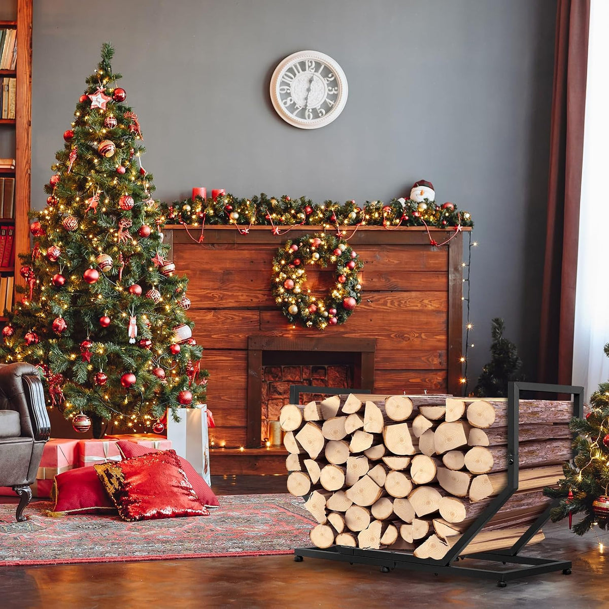 firewood rack outdoor indoor,31 inch metal firewood holder shown in use