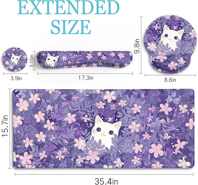 LIMKRIAN Purple Mouse Pad Large Desk Mat Set, Kawaii Cat Computer Mouse Pad - Image 6