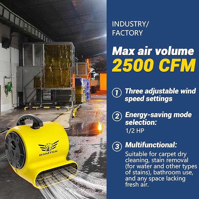 BSMTEK Air Mover Blower Fan, Industrial 1/2HP 2500CFM Monster Floor Blower - Image 4
