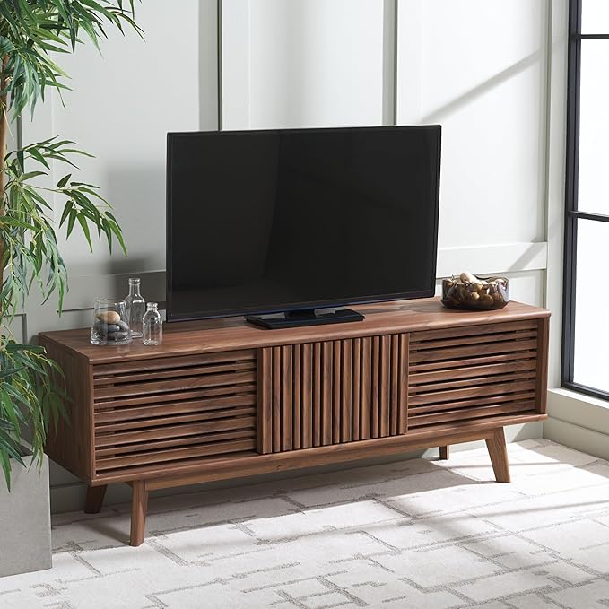 SAFAVIEH ESMA TV Stand for up to 65" Flatscreen – Walnut Brown, Sliding Doors - Image 2