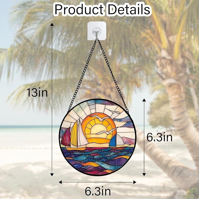 DASTOLL Stained Glass Window Hanging, Sailboat and Waves Suncatcher Diamond - Image 5