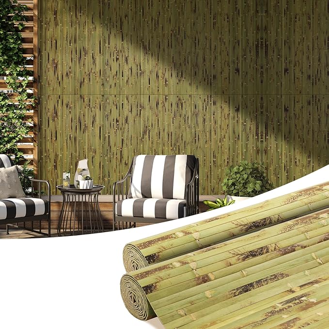 OUZUGIE 2 Pack 96x48 Inch Natural Bamboo Wall Panel – Green Burned Pole Wrap by OUZUGIE