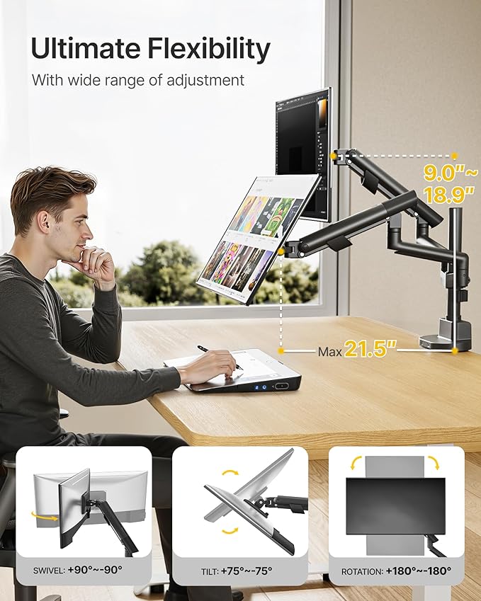 monTEK Dual Monitor Stand with USB Up to 35" Screens, Tall Post Mounted Monitor - Image 3