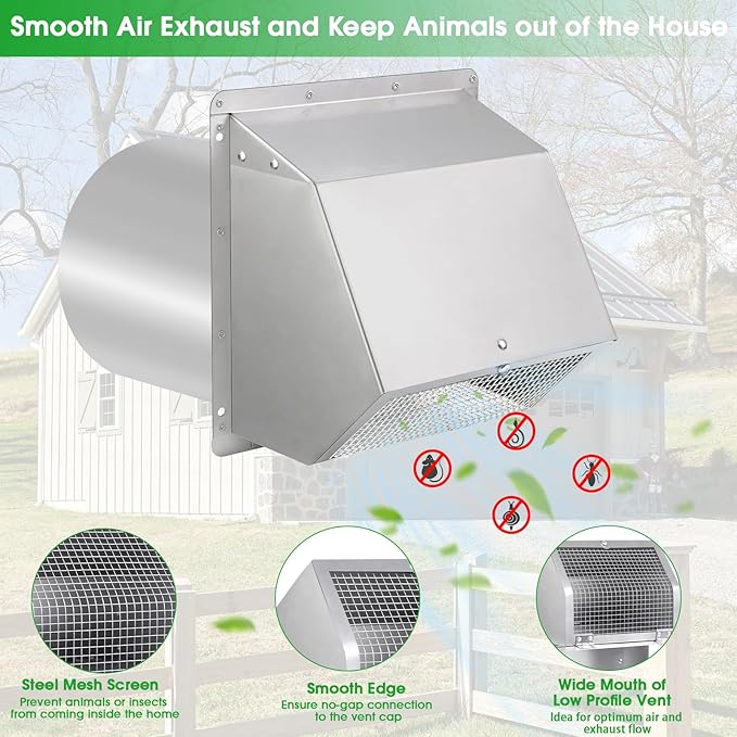 10 Inch Hooded Wall Vent with Screen and Damper, Exterior Wall Exhaust Vent - Image 3