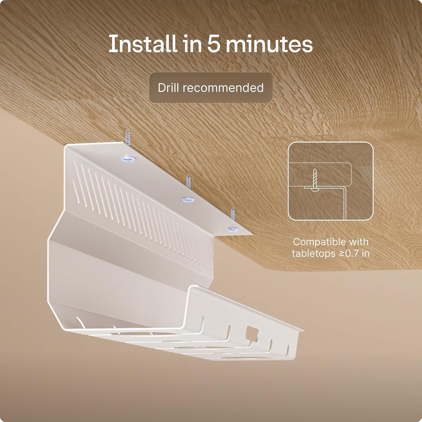 Desktronic Cable Duct Desk White Set of 2 - Stainless Steel Cable Management Desk Cable Duct with 5 Cable Cut-Outs - Easy to Install Cable Organiser - Cable Holder