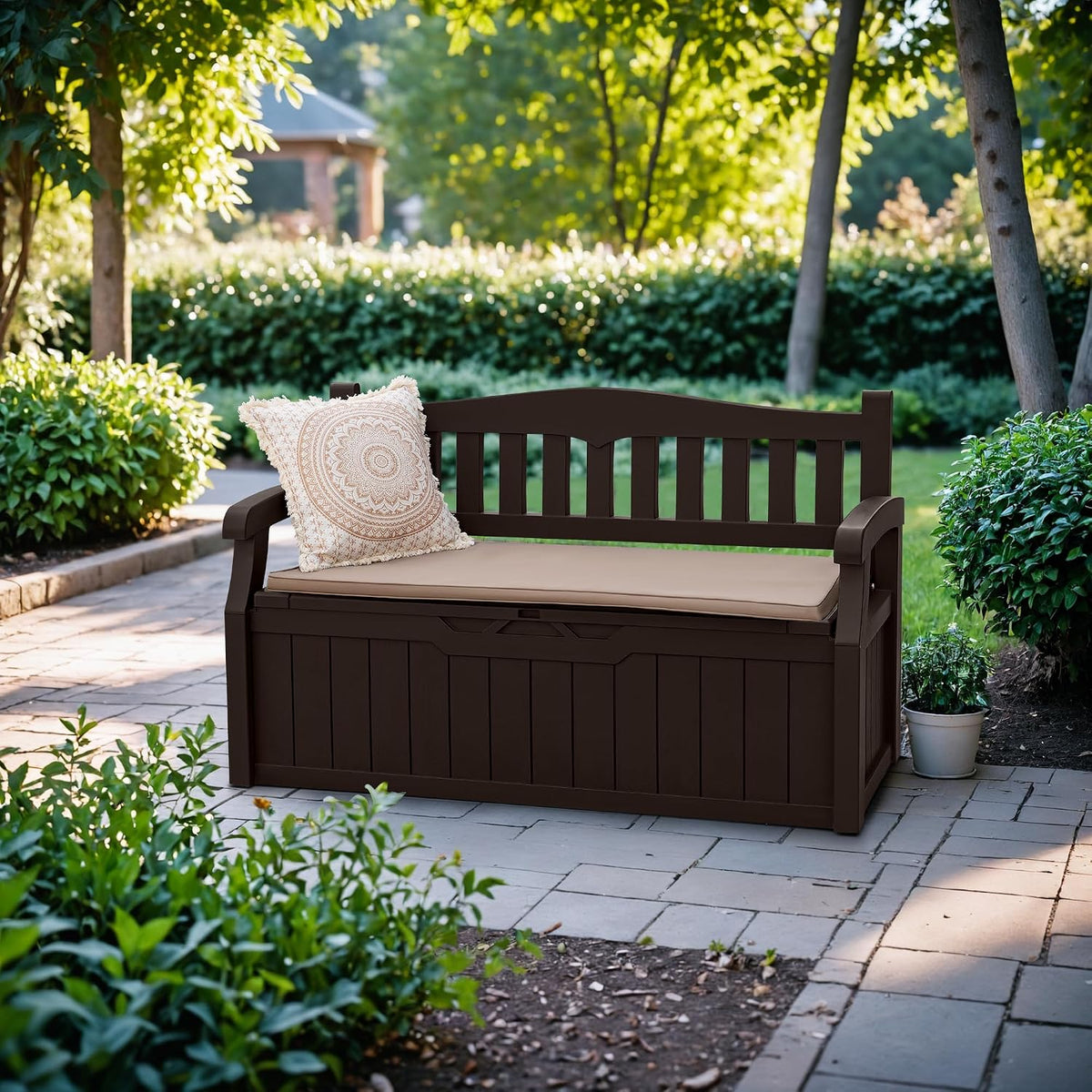 devoko 80 gallon storage bench deck box lockable shown in use